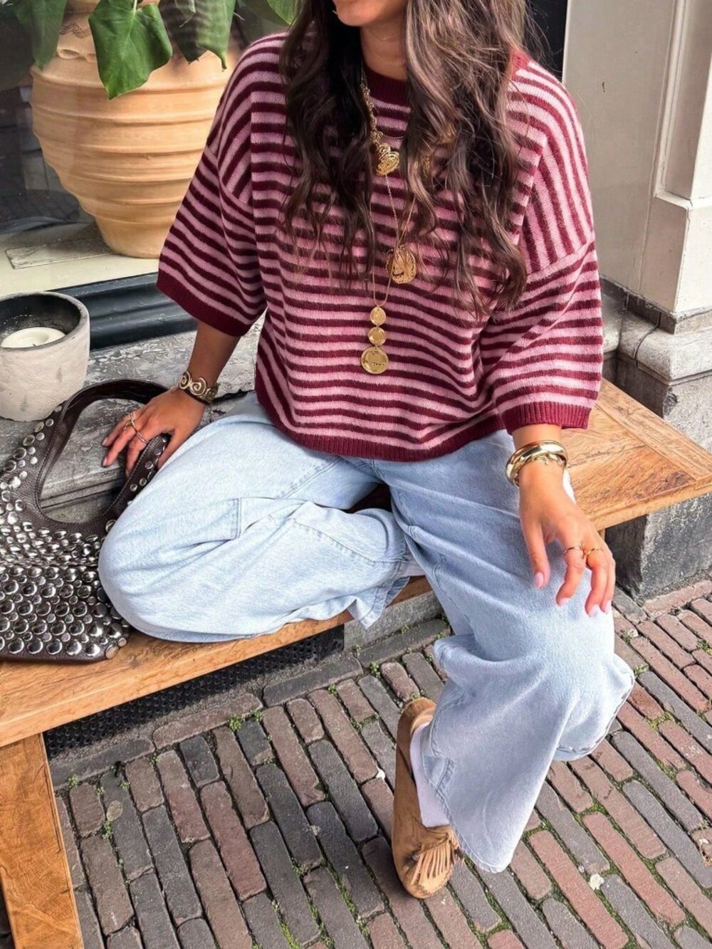 Maroon Pink Casual Women's Patched Striped Drop Shoulder Loose Pullover